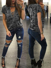 Load image into Gallery viewer, Summer Women Short Sleeve Camouflage Loose Casual Ladies T Shirt Tops Summer Bandage Hollow Out T-Shirt Tops Gray Army Green